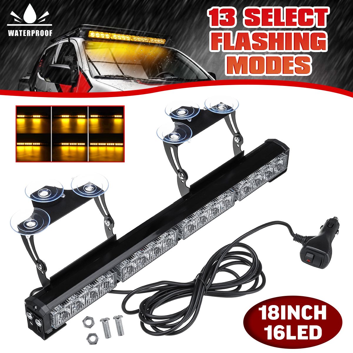 18quot-16-Amber-LED-Car-Roof-Windshield-Emergency-Hazard-Warning-Flash-Strobe-Lights-1671465