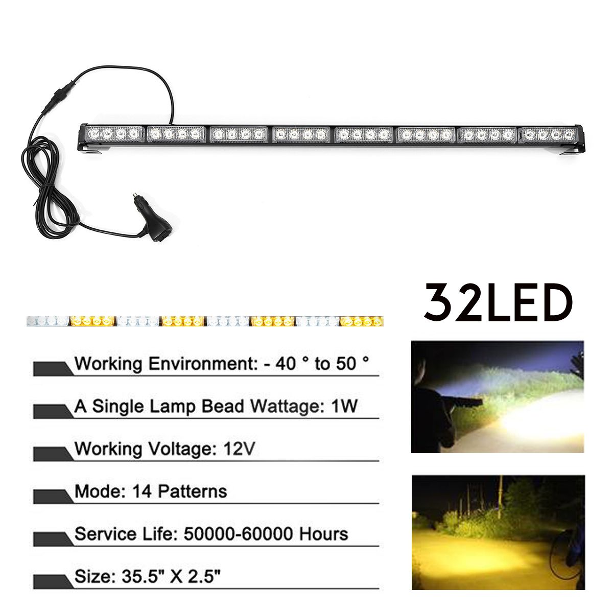 35Inch-32-LED-Warning-Strobe-Light-Traffic-Advisor-Emergency-Hazard-Bar-AmberWhite-1607850