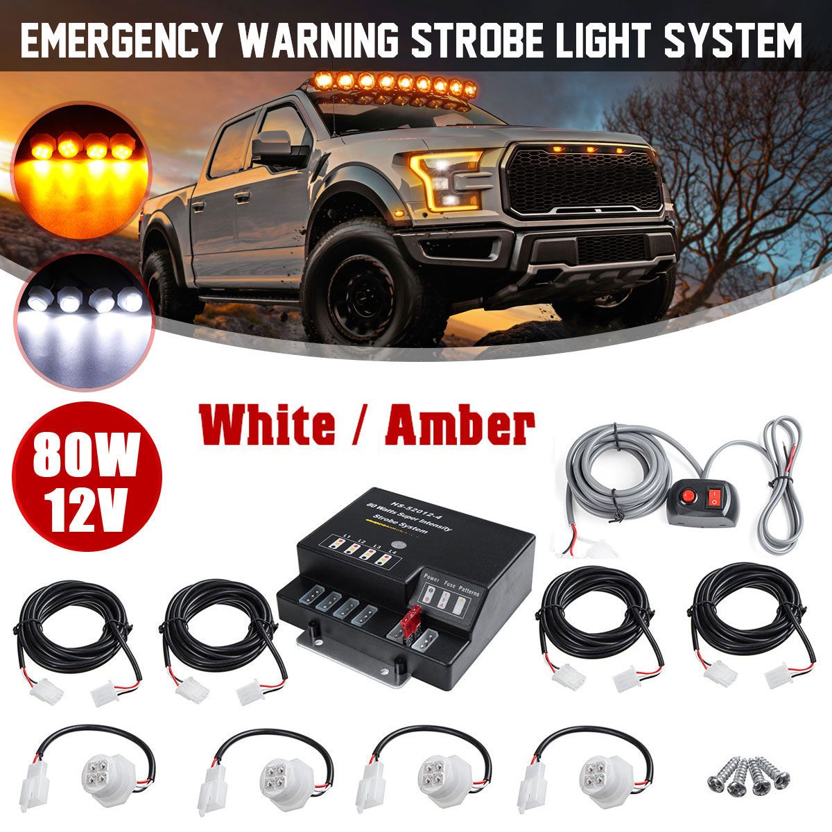 4-LED-Bulbs-Hide-Away-Emergency-Hazard-Warning-Flash-Strobe-Light-Kit-80W-12V-Universal-1628410