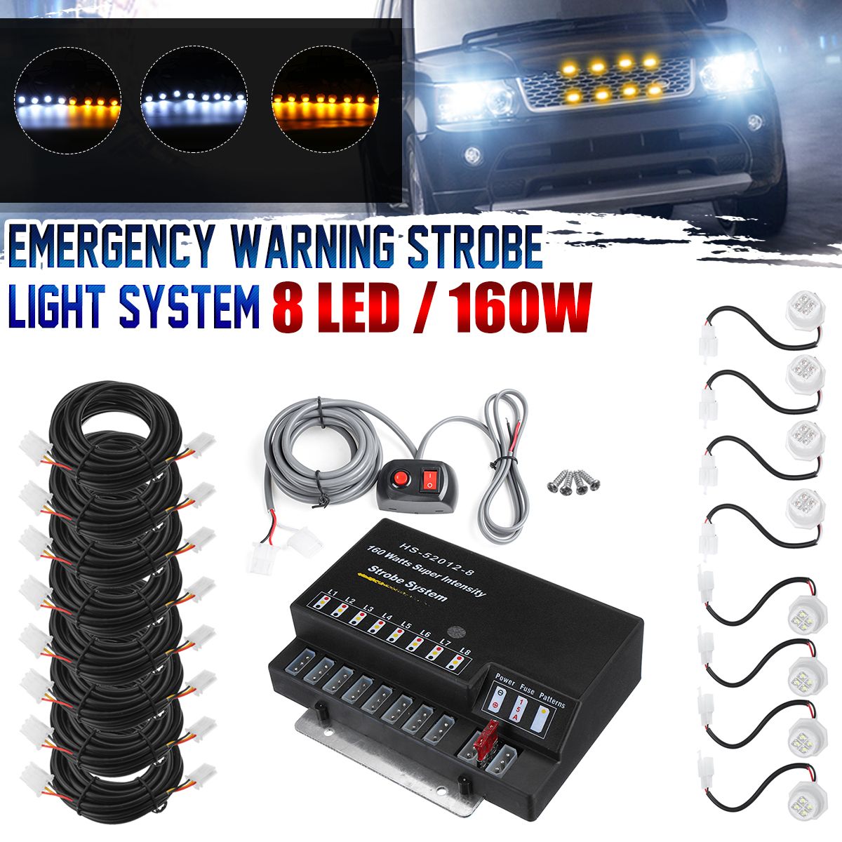 8-LED-Bulbs-Car-Emergency-Warning-Strobe-Light-Kit-160W-12V-Amber-White-Bulbs-Universal-1629001