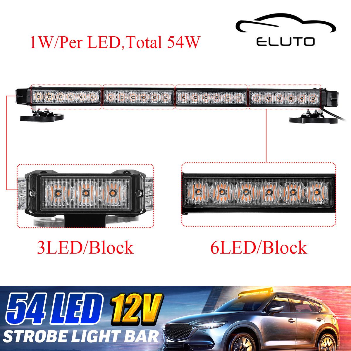 ELUTO-12V-54-LED-266quot-Strobe-Flashing-Lights-Bar-Warning-Emergency-Lamp-Magnetic-1602825