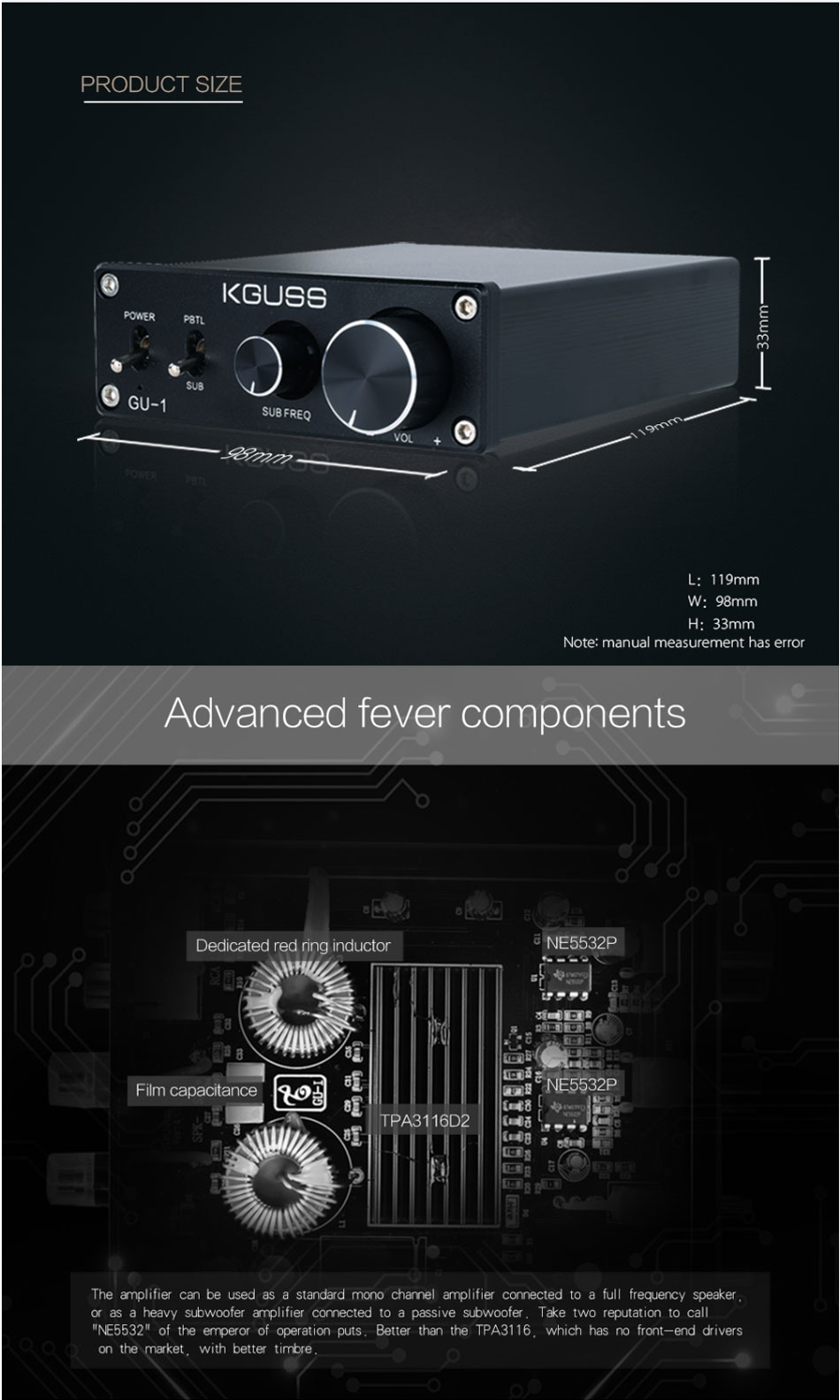 KGUSS-GU-1-NE5532P-TPA3116D2-Single-Channel-HIFI-100W-Full-Range-Mono-Digital-Audio-Amplifier-1605268