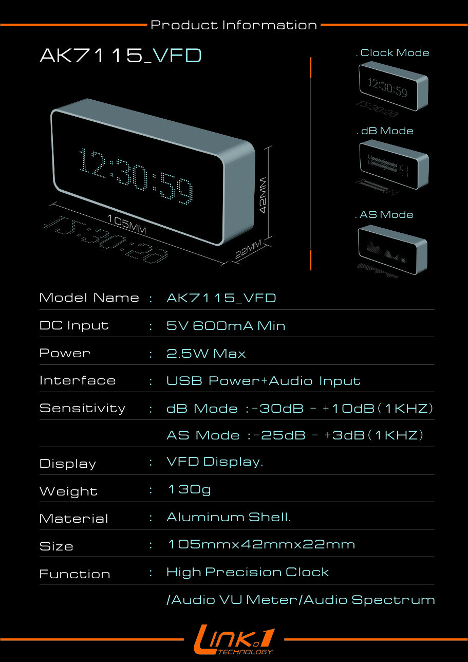 LINK1-AK7115-VFD-Music-Audio-Spectrum-Indicator-VU-Meter-Precision-Clock-Adjustable-AGC-Mode-with-Re-1494804