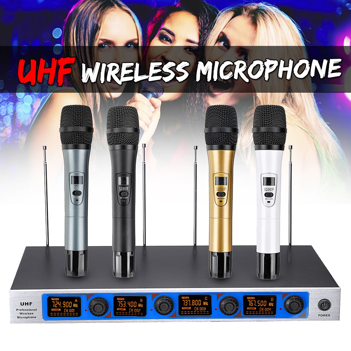 Professional-4-Channel-4-Cordless-Handheld-Mic-UHF-Wireless-Microphone-System-Karaoke-AU-1530093