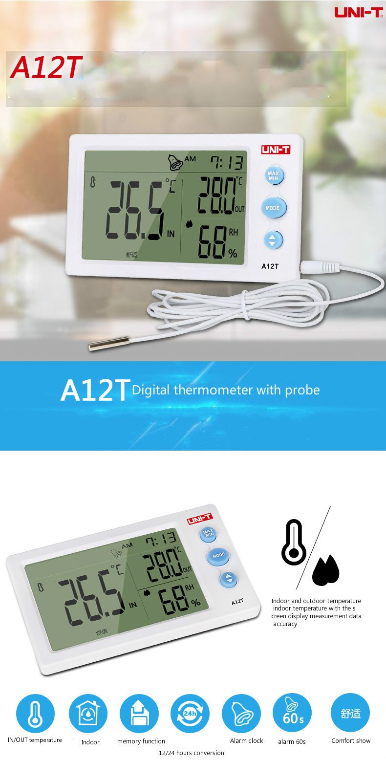 UNI-T-A12T-Digital-LCD-Thermometer-Hygrometer-Temperature-Humidity-Meter-Alarm-Clock-Weather-Station-1218090