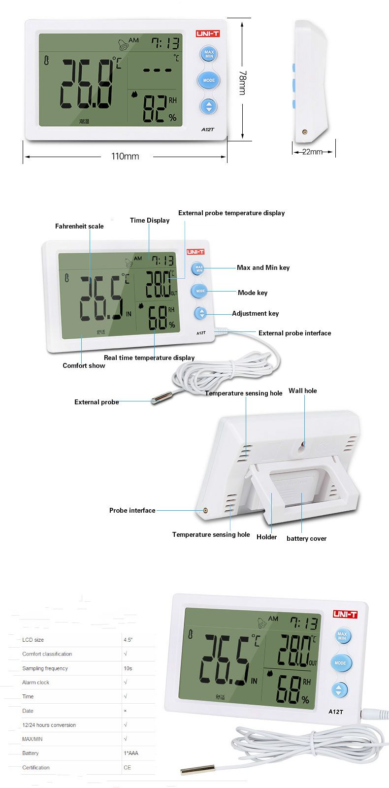 UNI-T-A12T-Digital-LCD-Thermometer-Hygrometer-Temperature-Humidity-Meter-Alarm-Clock-Weather-Station-1218090
