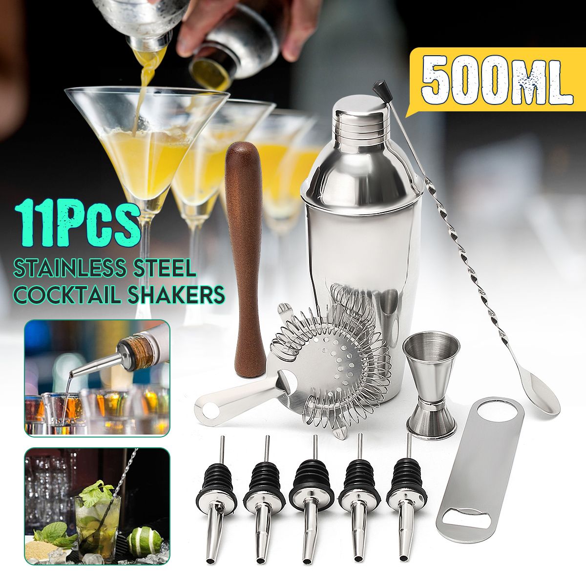 11Pcs-Stainless-Steel-Cocktail-Shaker-Mixer-Martini-Spirits-Muddler-Pourer-Strainer-Bartender-Set-1353379