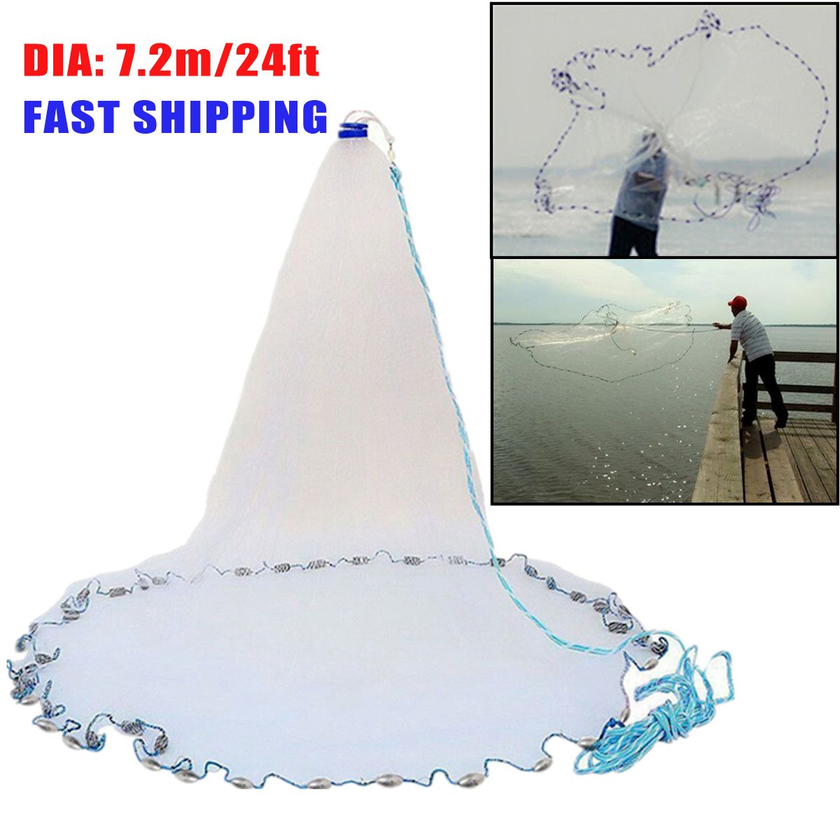 12-X24FT-Fishing-Net-Nylon-Mono-Mesh-Easy-Throw-Hand-Casting-72m-Sinkers-1484990