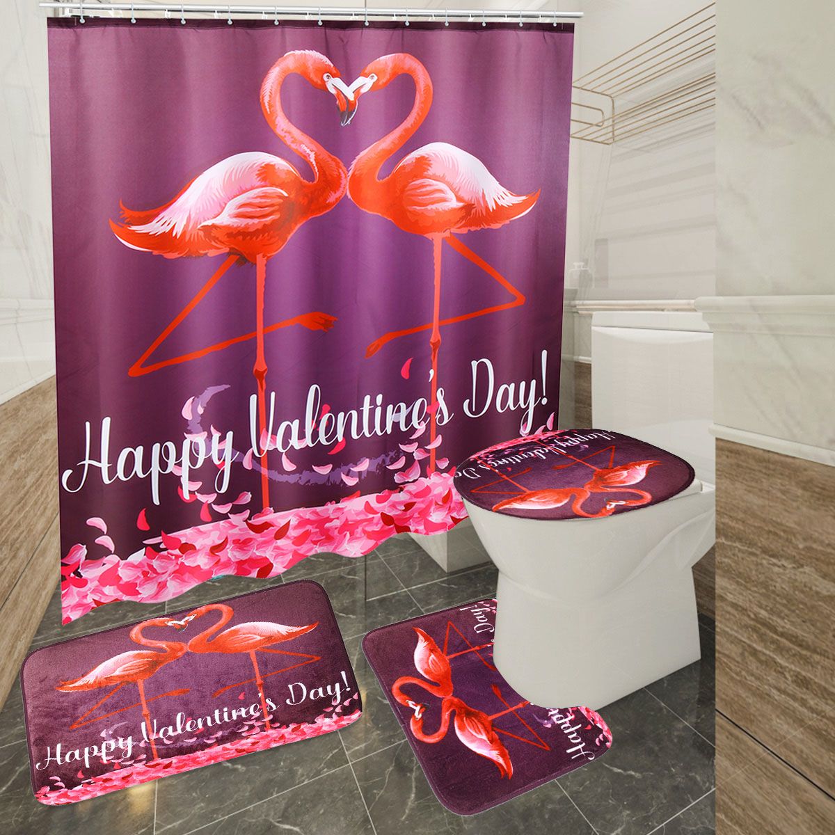 180x180cm-Flamingo-Valentines-Day-Bathroom-Shower-Curtains-Toliet-Mat-Rug--Hook-1554541
