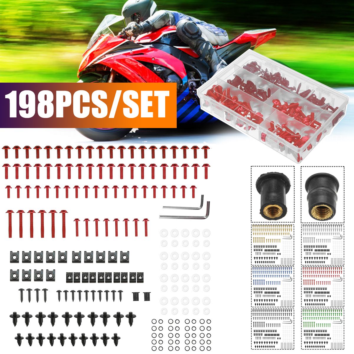 198PCS-Motorcycle-Nylon-Washer-KitFairing-Bolts-Screws-Retainer-Fastener-Clips-1736343
