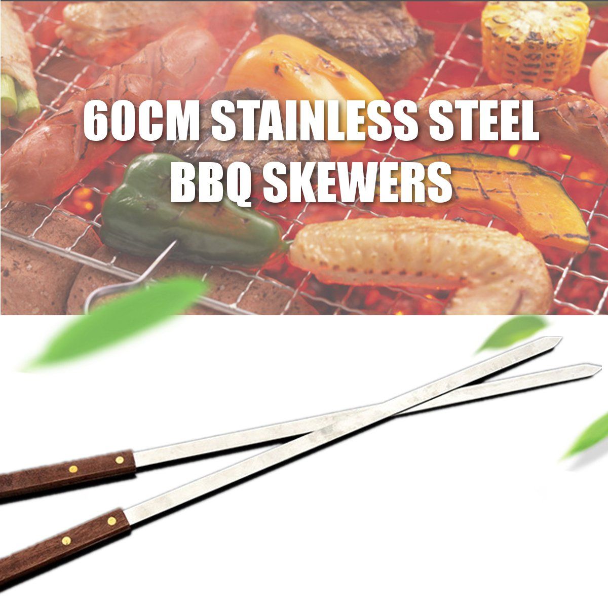 235quot-Stainless-Steel-BBQ-Skewers-Wood-Handle-Grill-Kebab-Fork-Stick-1523899