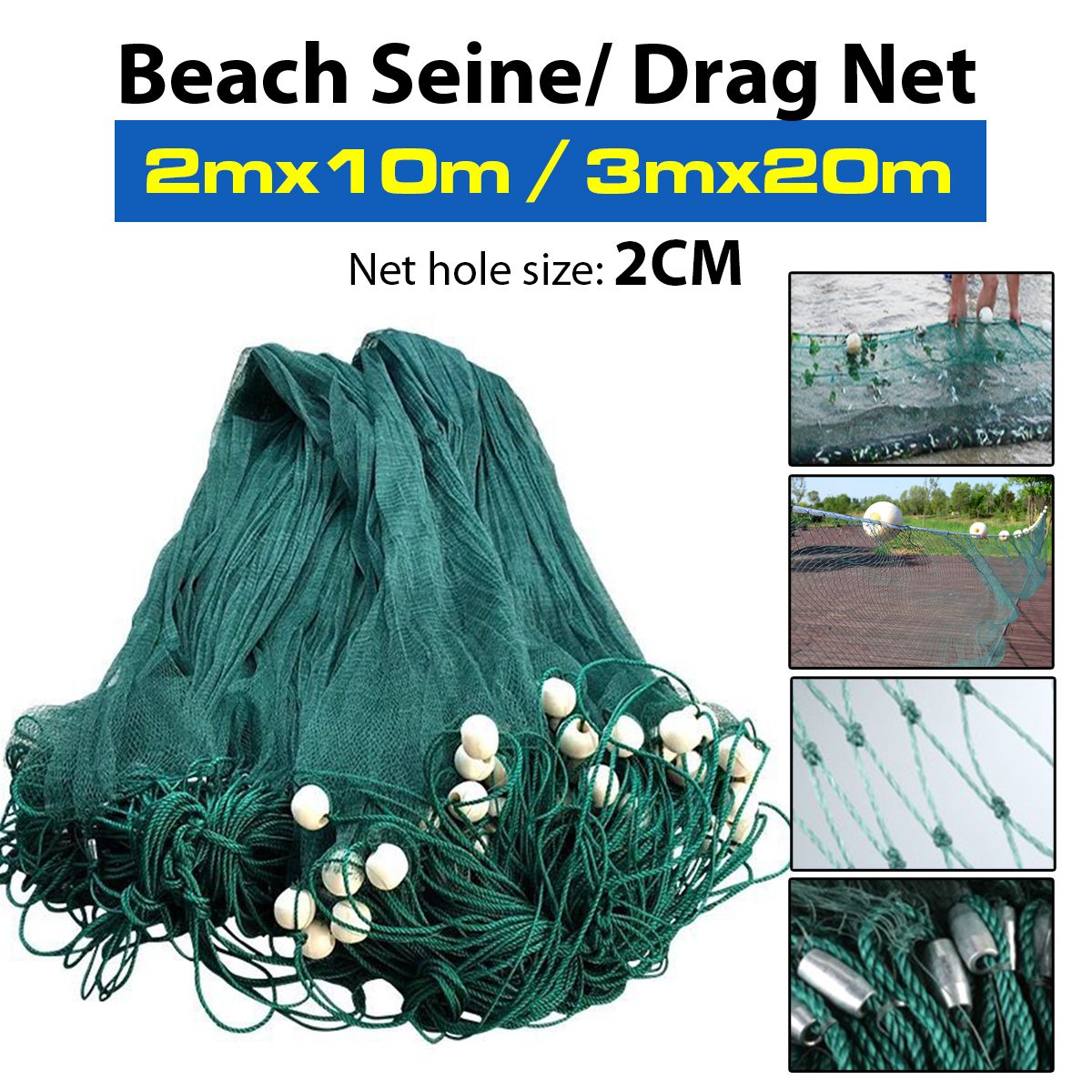 2x10M3x20M-Fishing-Drag-Net-Handmade-Beach-Seine-Monofilament-Fish-Cast-Mesh-Sinker-Gill-Trap-1367519