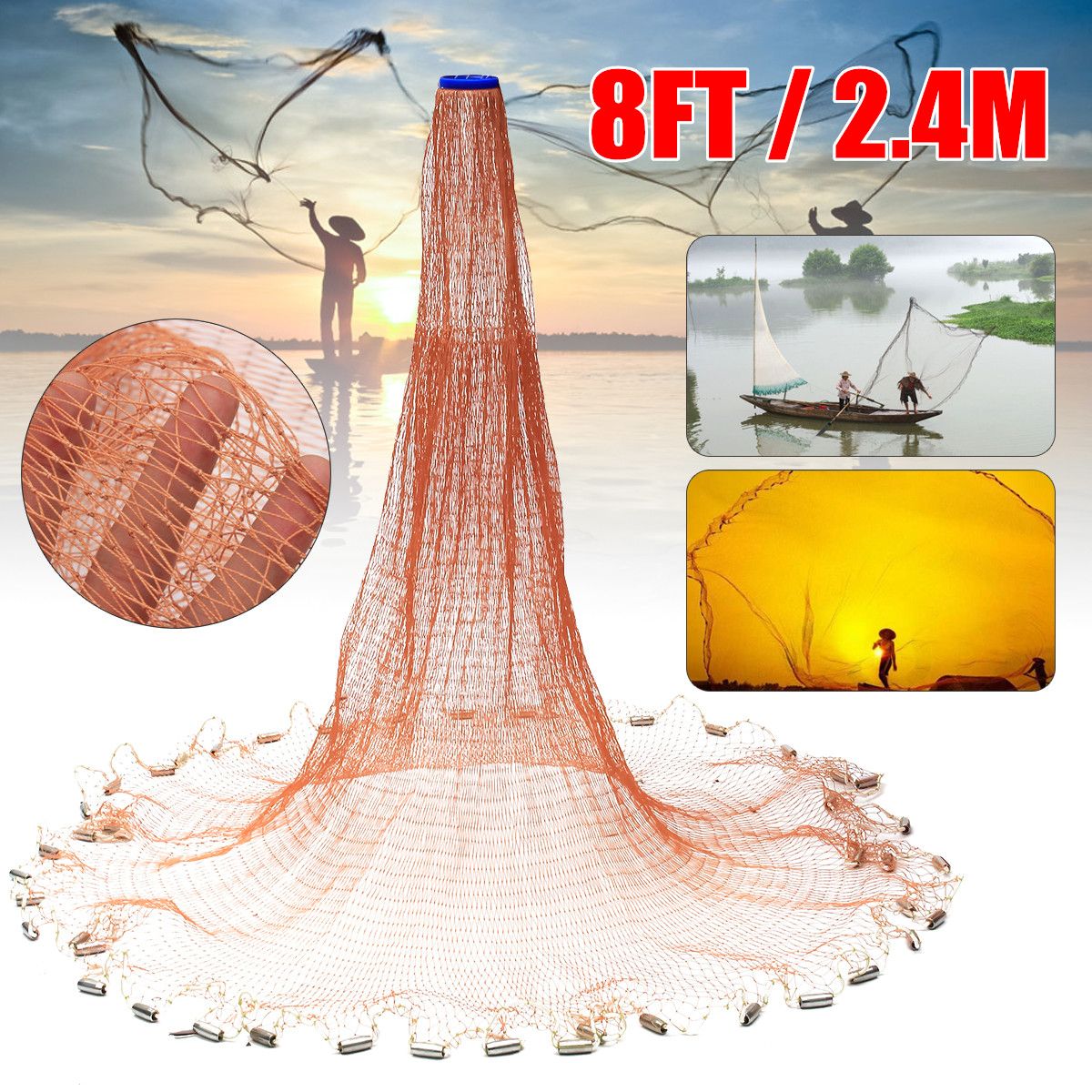 8FT-24m-Strong-Nylon-Mesh-Fishing-Net-Bait-Easy-Throw-Hand-Casting-34quot-w-Sinker-1637469