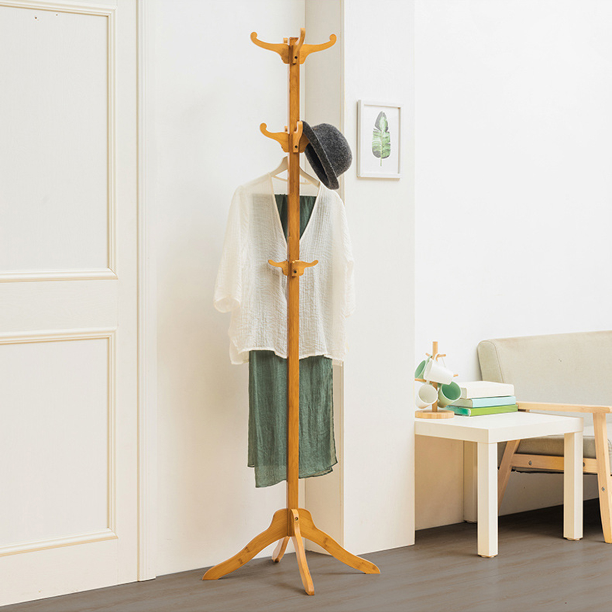 Coat-Rack-Stand-12-Hooks-Cloth-Hat-Bamboo-Hanger-Storage-1550007