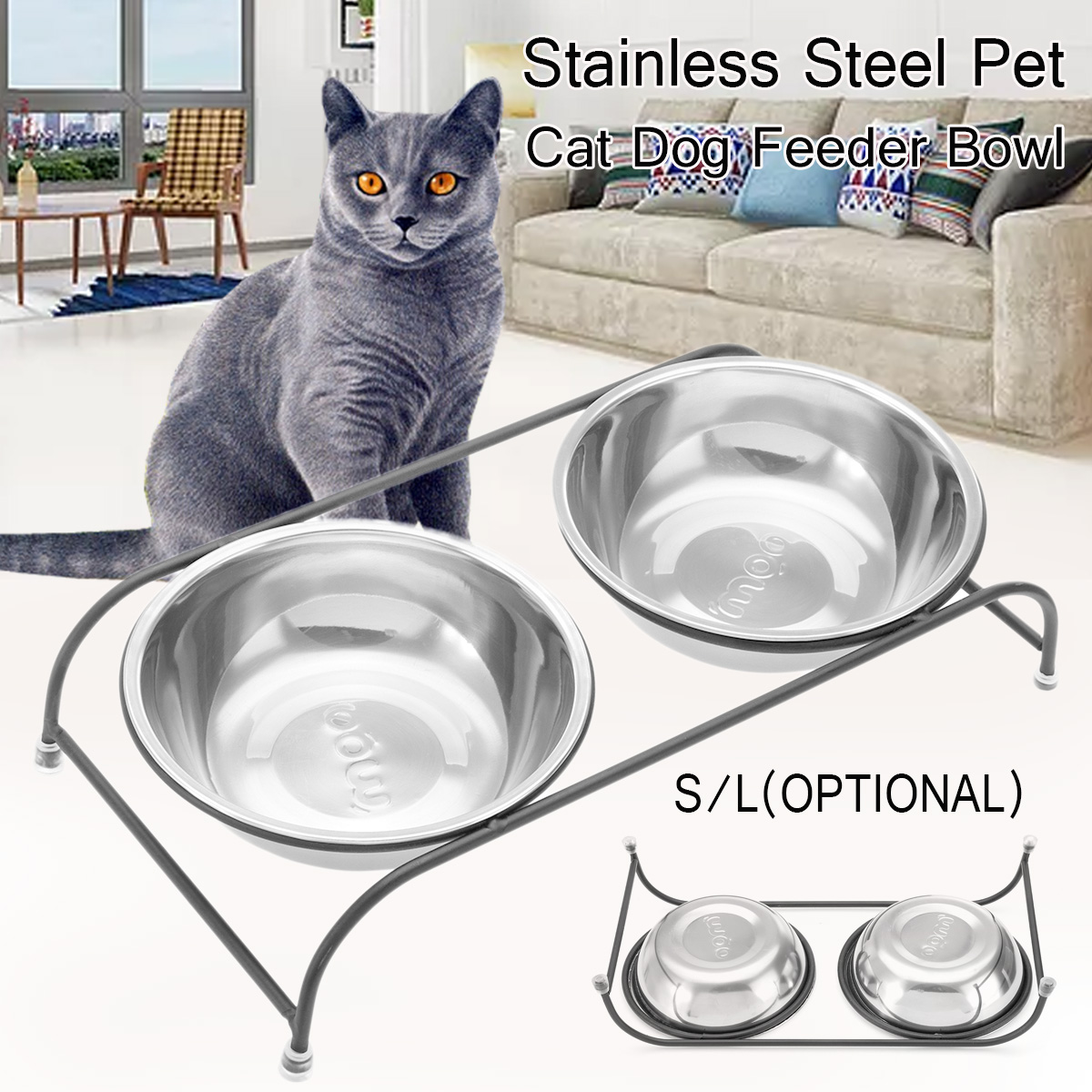 Double-Pet-Bowl-Dish-Dog-Cat-Stand-Feeder-Food-Water-Stainless-Steel-Durable-1453796