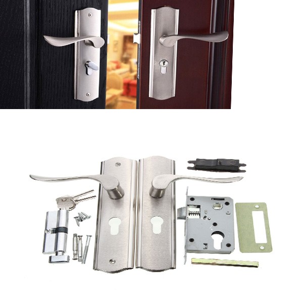 Polished-Door-Handle-Front-Back-Lever-Lock-Cylinder-Dual-Latch-with-Keys-1022997