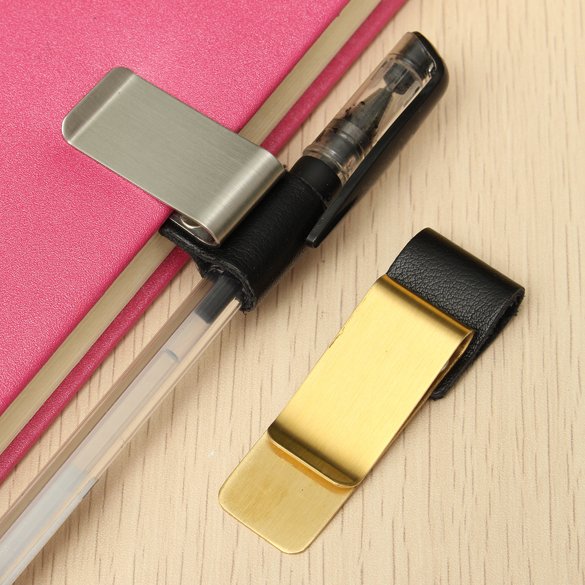 Stainless-Steel-Leather-Notebook-Clip-Metal-Pen-Holder-Paper-Folder-1255813