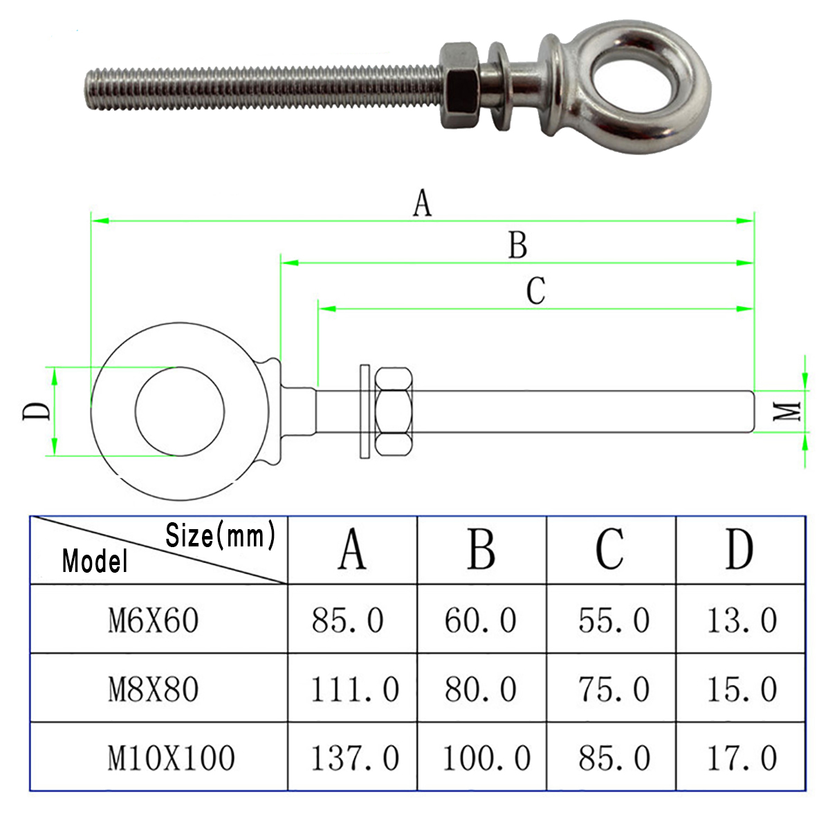 Stainless-Steel-Marine-Grade-Lifting-Eye-Bolts-Long-Shank-Nut-amp-Washer-M8x80mm-1533395
