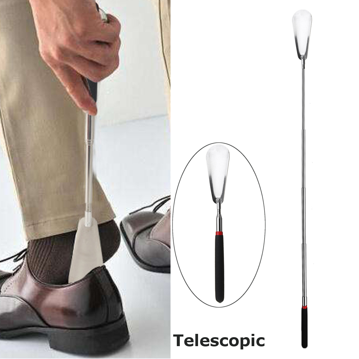 Telescopic-29-Long-Adjustable-Handle-Shoe-Horn-Stainless-Steel-Metal-Shoe-Metal-Rod-1552563