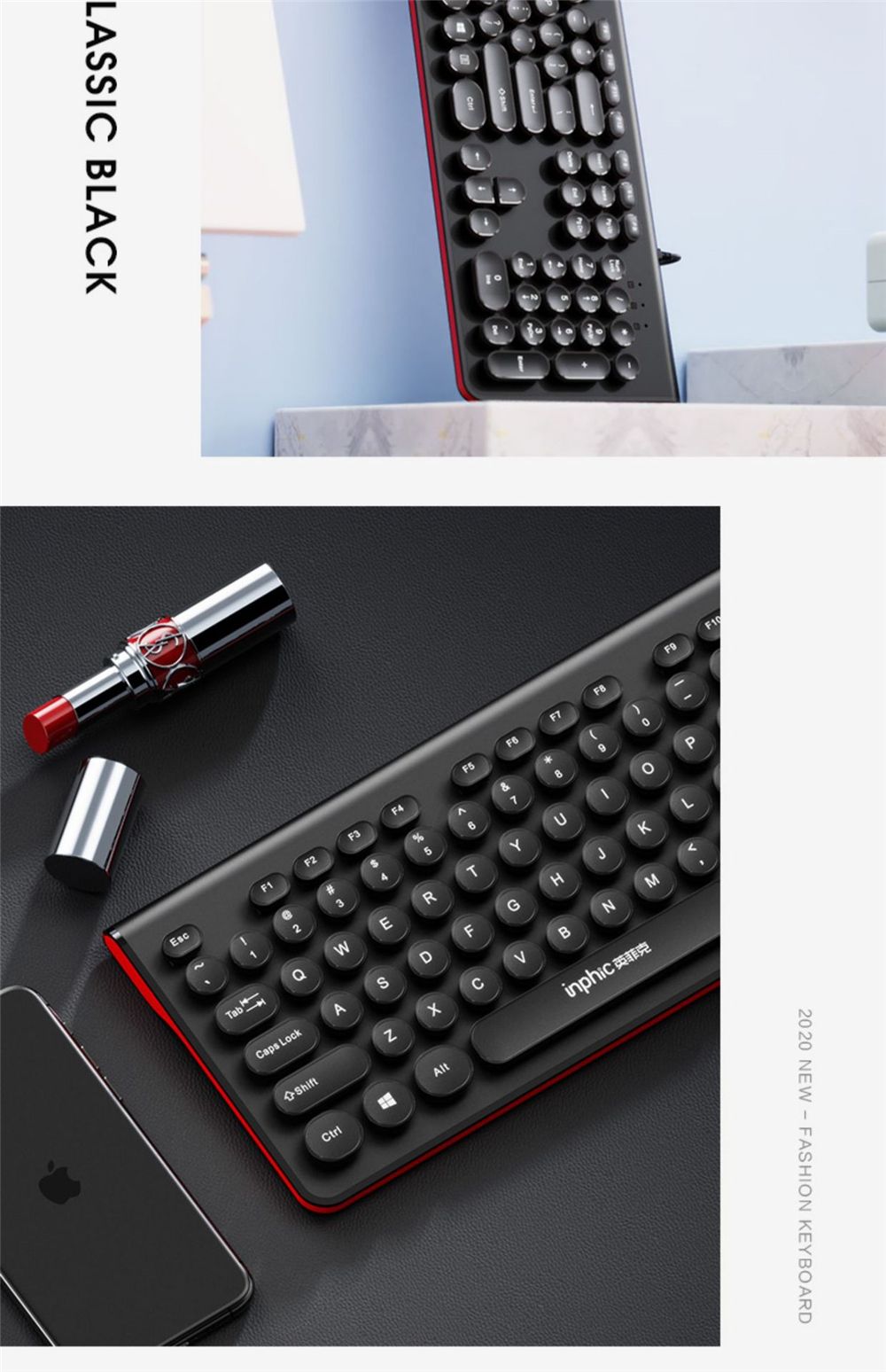 INPHIC-V580P-104-Keys-Wired-Keyboard-Retro-Round-Keycaps-Design-Keyboard-Pink-Black-Typing-Keyboard--1739892