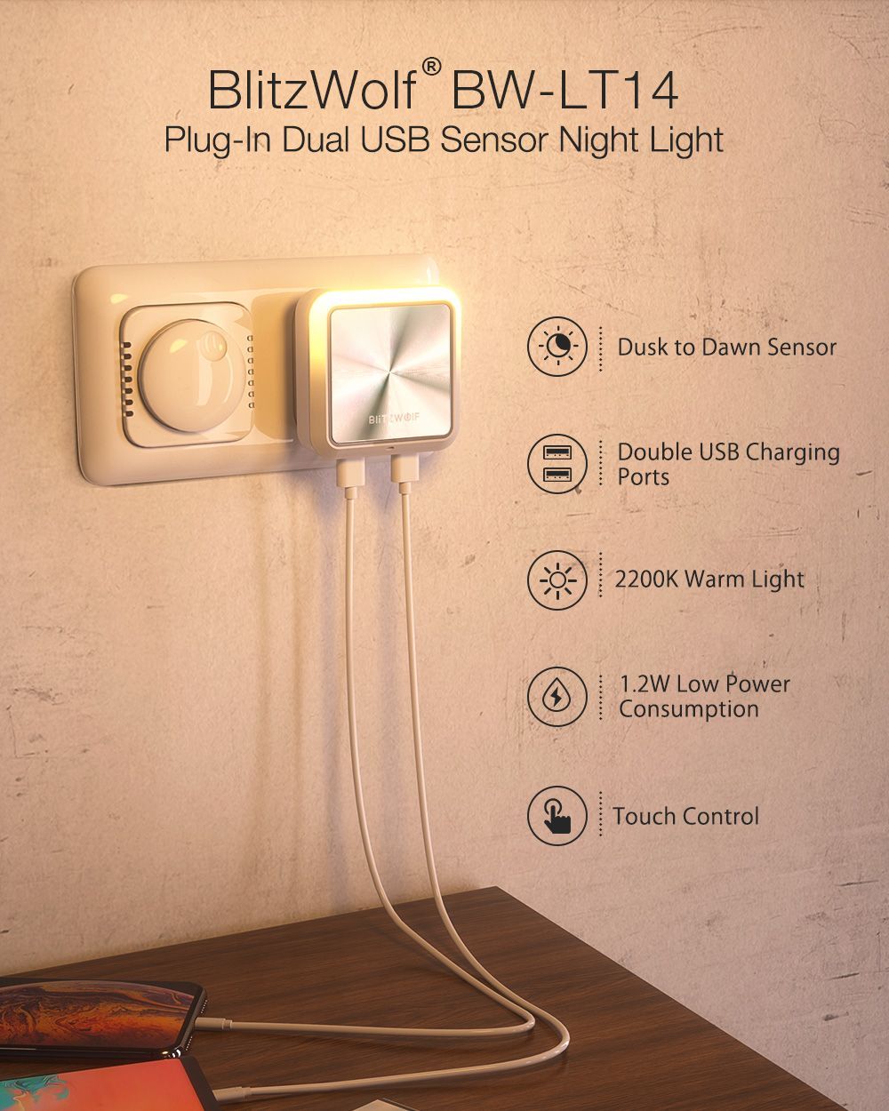 BlitzWolfreg-BW-LT14-Plug-in-Smart-Light-Sensor-LED-Night-Light-with-Dual-USB-Charging-Socket-1461488