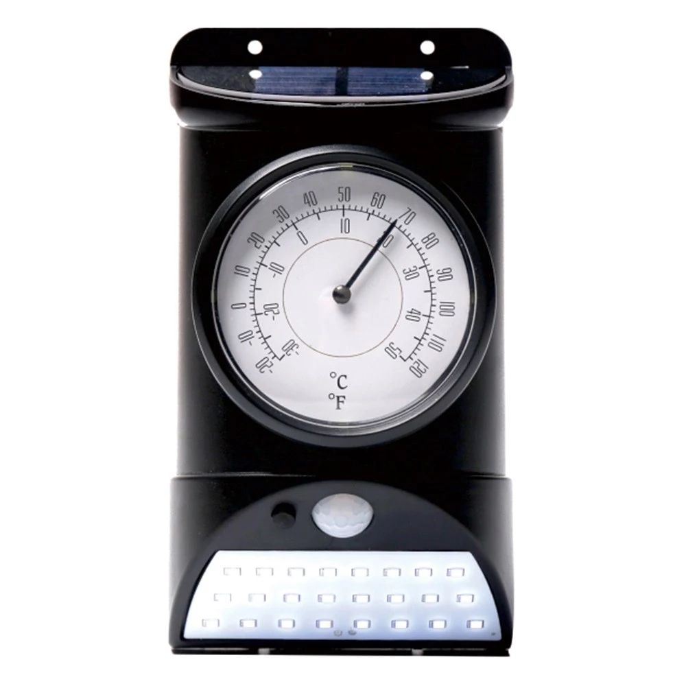 28LED-Solar-Outdoor-Wall-Lamp-Body-Light-Control-IP44-White-Light-ClockHygrometerThermometer-1727122