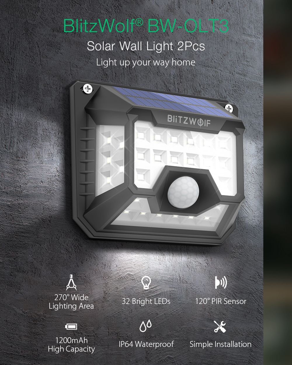 2Pcs-BlitzWolf-BW-OLT3-Outdoor-Solar-Lights-32-LED-120degPIR-Sensor-Wide-Angle-Waterproof-Wall-Light-1677319