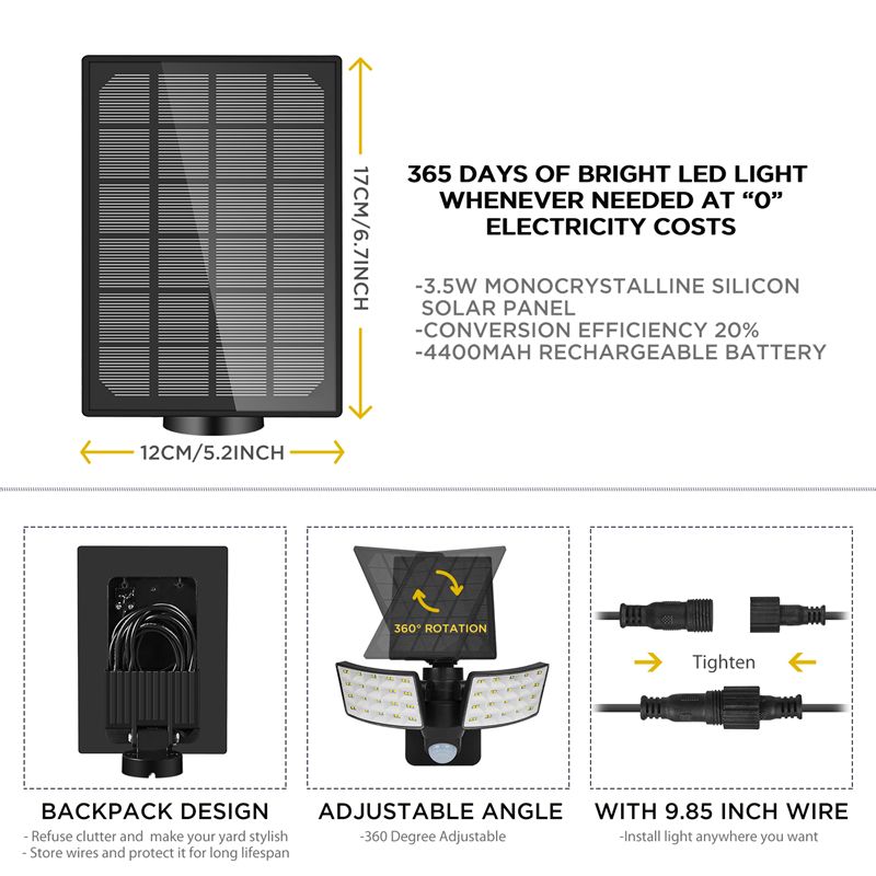 3-Modes-Double-Heads-LED-Solar-Light-Outdoor-Motion-Sensor--Rotatable-Waterproof-Wall-Lamp-1677174