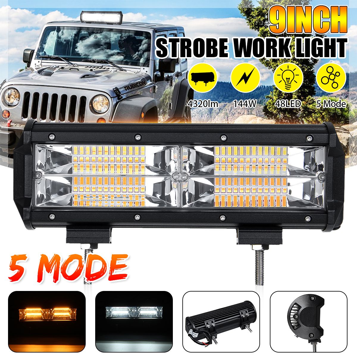 9Inch-144W-48LED-Work-Light-Bar-Strobe-Flash-Lamp-White--Amber-Color-For-Offroad-Trailer-SUV-ATV-1676368