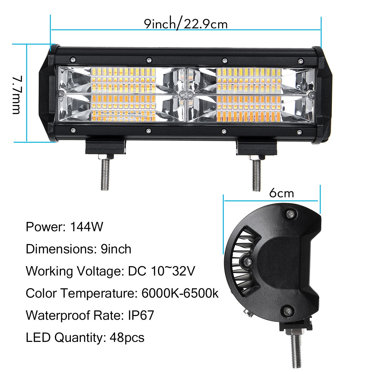 9Inch-144W-48LED-Work-Light-Bar-Strobe-Flash-Lamp-White--Amber-Color-For-Offroad-Trailer-SUV-ATV-1676368