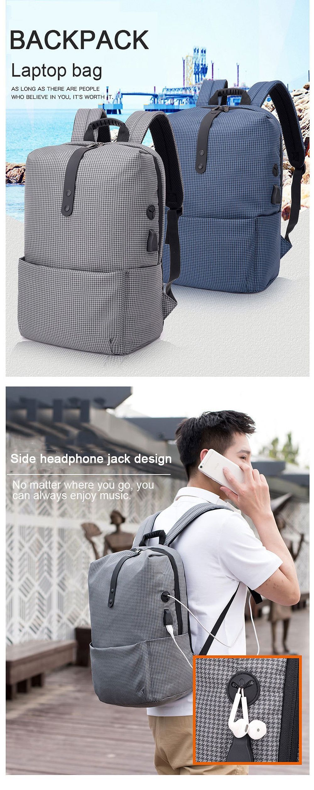 Grid-Backpack-Laptop-Computer-Bag-Schoolbag-Shoulders-Storage-Bag-USB-Charging-with-Headphone-Jack-f-1661568