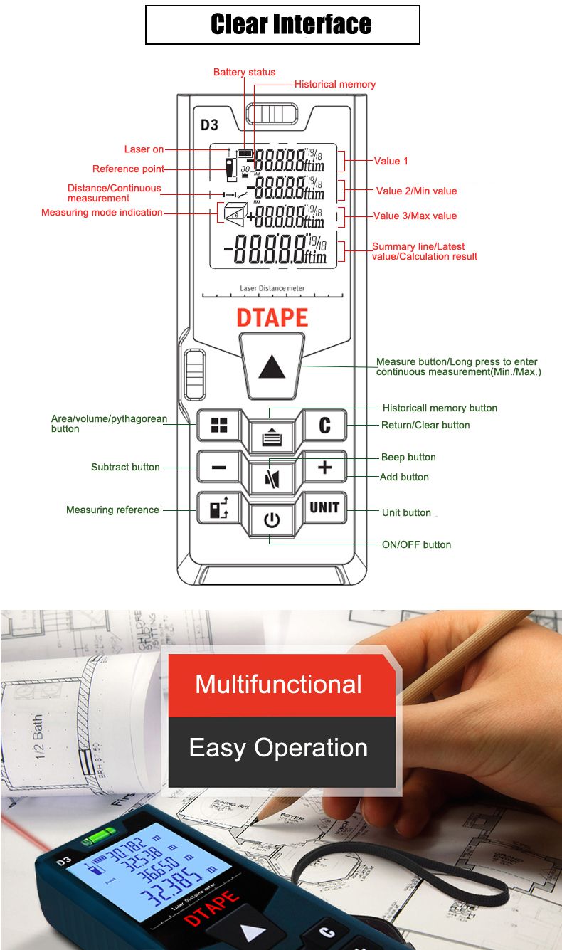 DTAPE-D3-Digital-Laser-40m-60m-80m-100m-Rangefinder-Distance-Meter-Single-Continuous-AreaVolumePytha-1204312