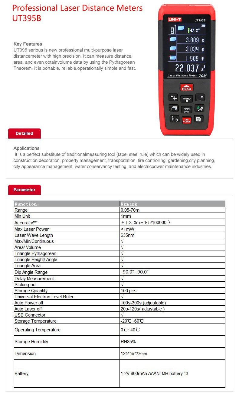 UNI-T-UT395B-Professional-70M-Laser-Distance-Meter-Lofting-Test-Levelling-Instrument-AreaVolume-with-1105504