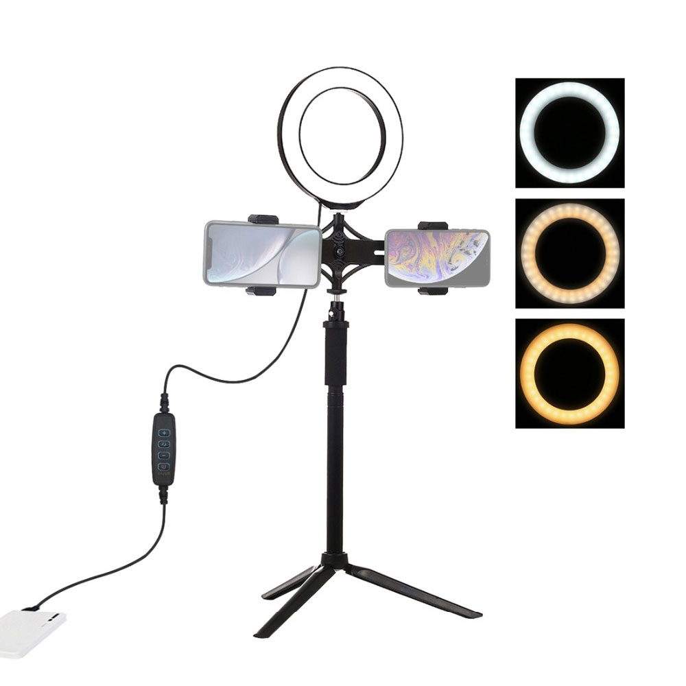 PULUZ-PKT3038-62-Inch-USB-Video-Ring-Light-with-Tripod-Light-Stand-Extension-Stick-Dual-Phone-Clip-f-1562123