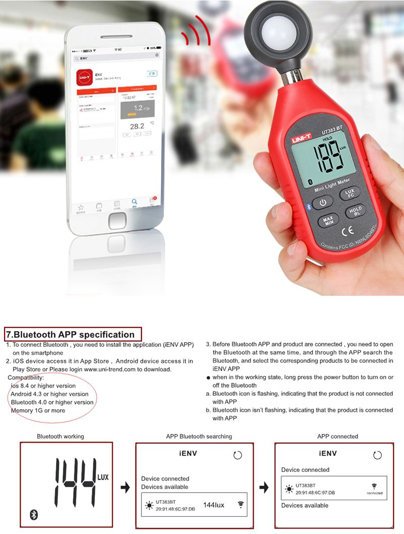 UNI-T-UT383BT-bluetooth-Digital-Luxmeter-Illuminometer-Mini-Light-Meter-Environmental-Testing-Equipm-1236780