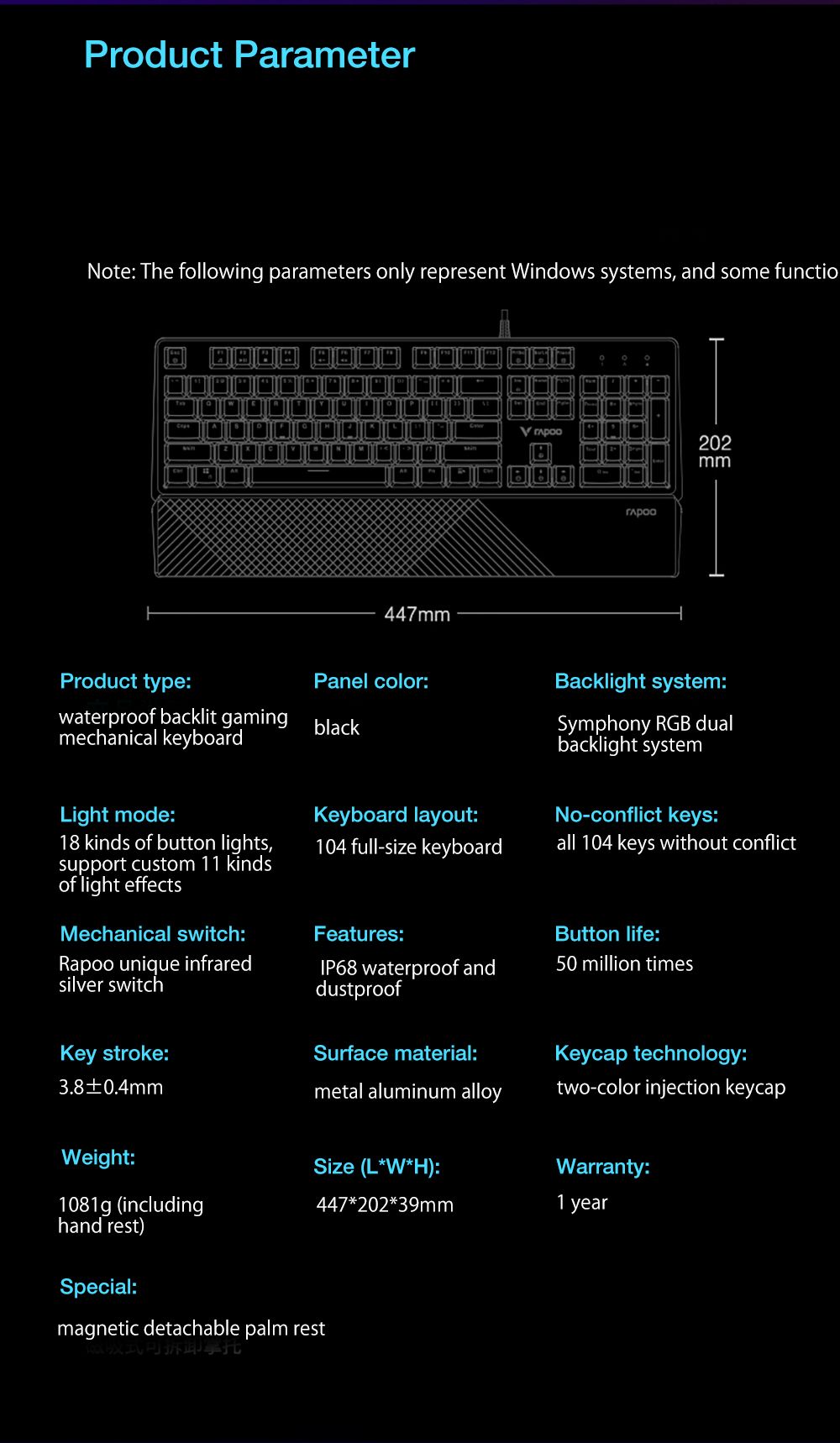Rapoo-V800RGB-104-Keys-Wired-Mechanical-Keyboard-Metal-Base-Waterproof-Infrared-Silver-Switch-Sympho-1760707