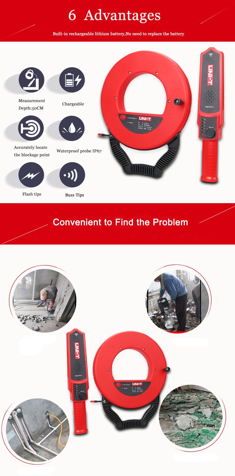 UNI-T-UT661A-20M-Wall-Pipe-Blockage-Detector-Wall-Scanner-Pipeline-Blocking-Clogging-Scanner-Plumber-1263306