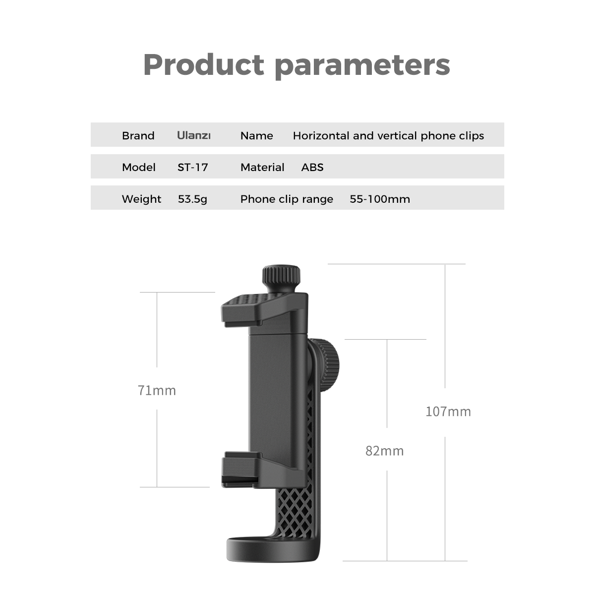 Ulanzi-ST-17-360deg-Rotation-Adjustable-Phone-Clips-with-Cold-Shoe-and-14-Screw-Port-for-55-100mm-Wi-1708400