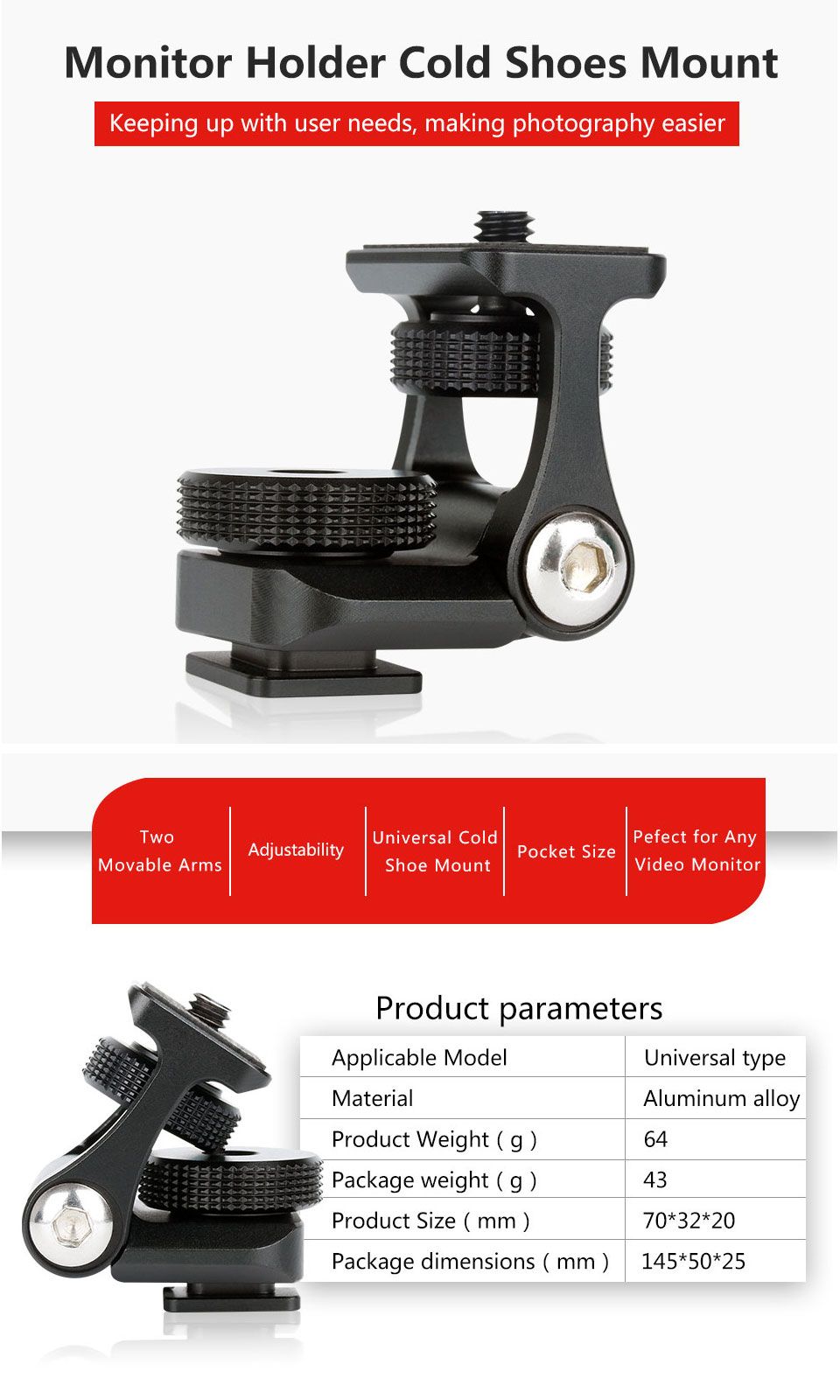 Ulanzi-U-40-Monitor-Mount-Bracket-Holder-180-Degree-Rotation-with-Cold-Shoe-Mount-for-DSLR-Camera-1409395