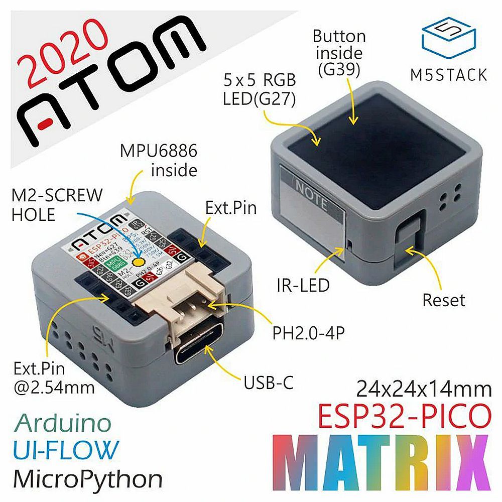 5pcs-M5Stackreg-ATOM-Matrix-PICO-ESP32-Development-Board-Kit-IMU-Sensor-Python-M5Stack-for-Arduino---1656881