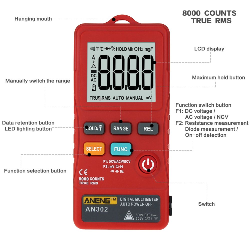 ANENG-AN302-Push-button-Card-Digital-Multimeter-ACDC-Tester-With-Flashlight---Red-1339839