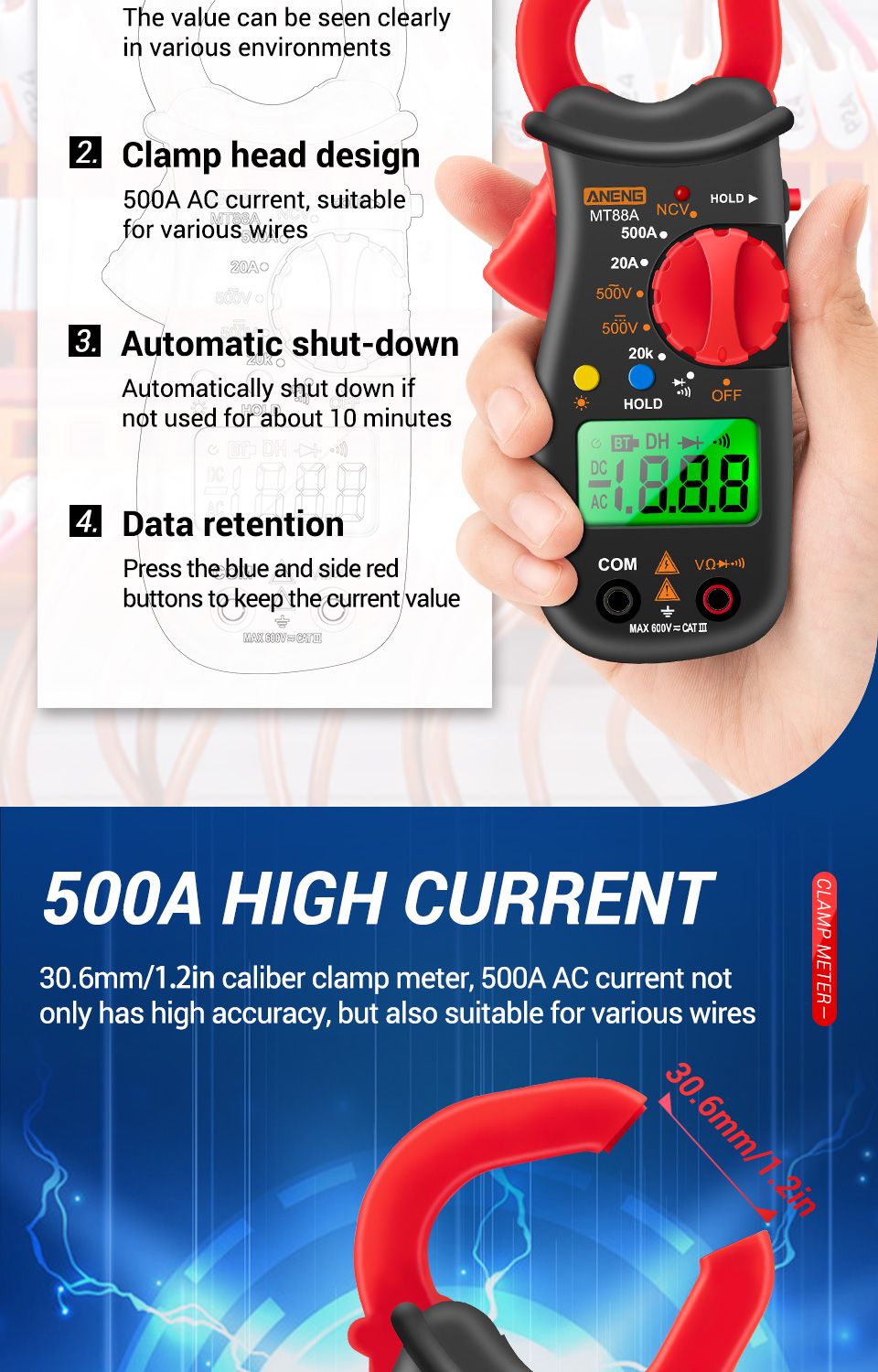 ANENG-MT88-1999-Digital-Clamp-Multimeter-Meter-1999-Counts-500A-AC-Current-AC-DC-Voltage-NCV-Test-wi-1726642