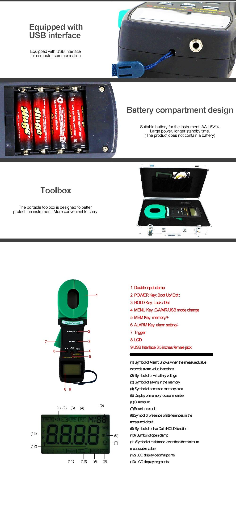 DUOYI-DY2300-Digital-Clamp-on-Ground-Resistance-Tester-With-99-data-points-USB-High-Accuracy-Earth-R-1640227