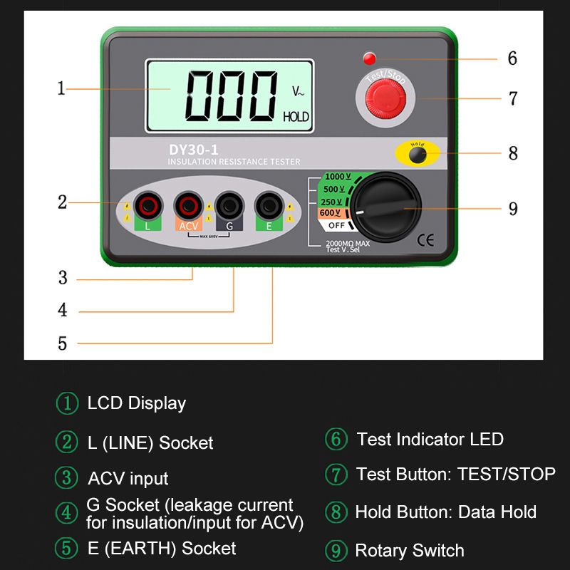 DUOYI-DY30-1-Digital-Insulation-Resistance-Tester-Meter-2000M-0hm-250V-500V-1000V-Megohmmeter-Voltme-1629990