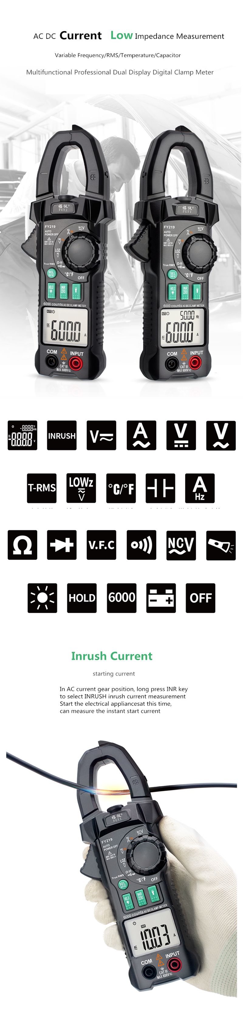 FUYI-FY219-Double-Display-ACDC-True-RMS-Digital-Clamp-Meter-Portable-Multimeter-Voltage-Current-Mete-1627563
