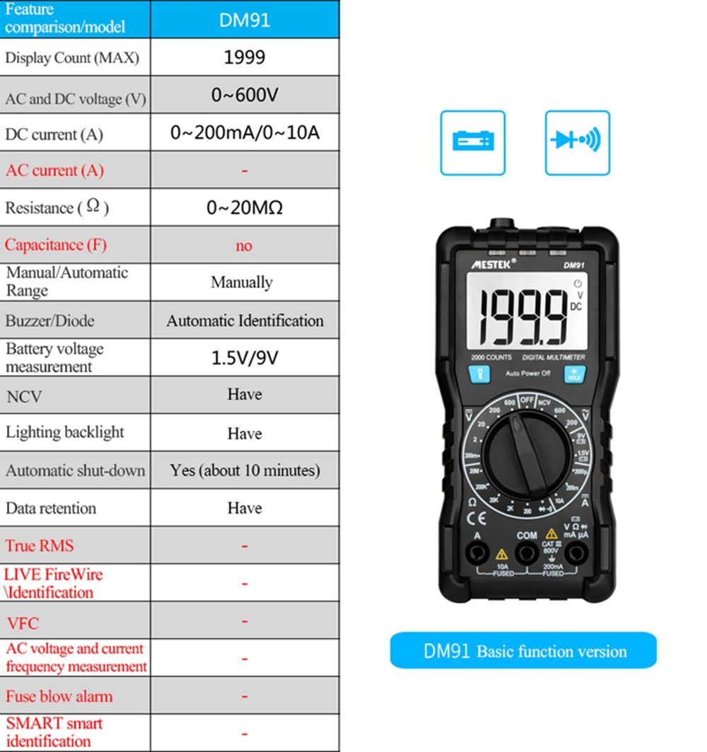 MESTEK-DM91-Mini-Multimeter-Digital-2000-Counts-Tester-NCV-True-RMS-Auto-Range-1315225