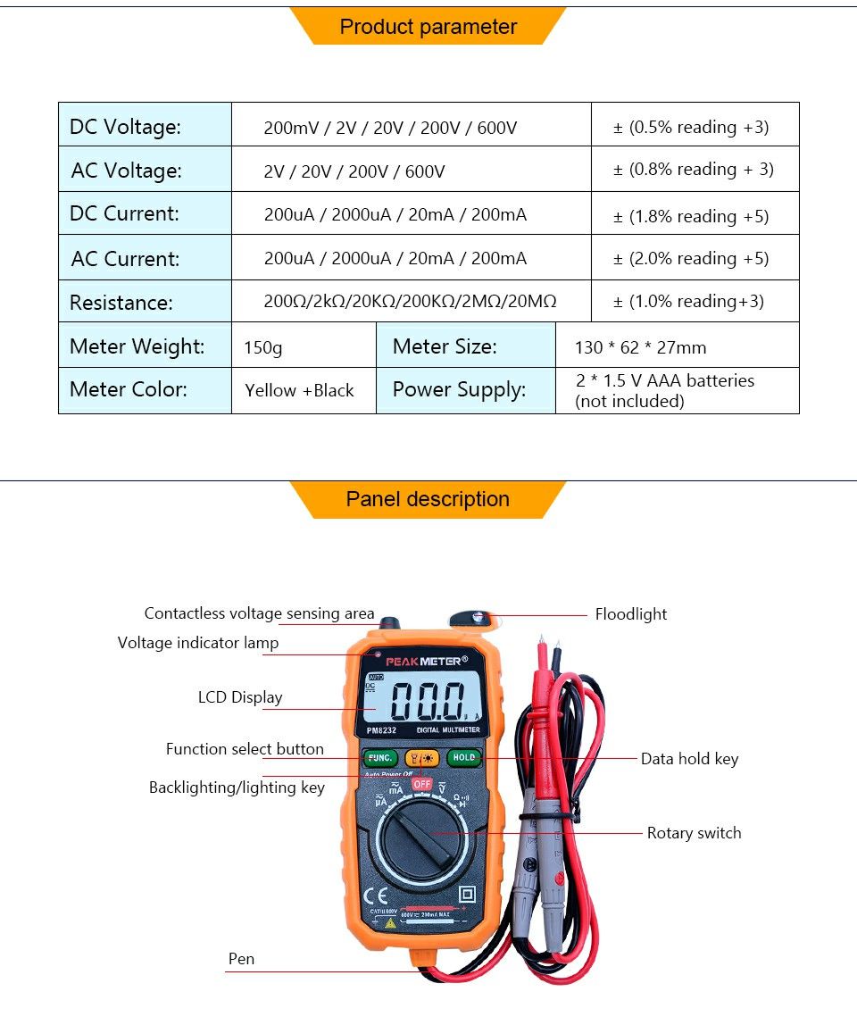 PEAKMETER-PM8232-Non-Contact-Mini-Digital-Multimeter-DC-AC-Voltage-Current-Tester-Data-Hold-Ammeter--1562605