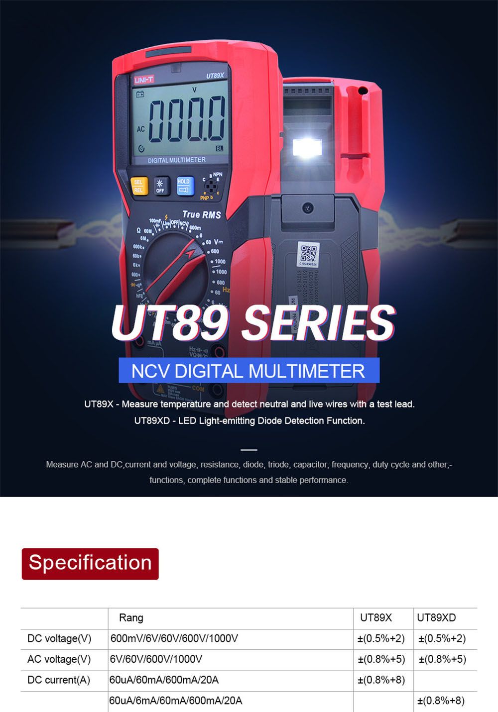 UNI-T-UT89XUT89XD-6000-Count-Digital-Multimeter-True-RMS-Automatic-Backlight-Multimeter-NCVCondensat-1436980