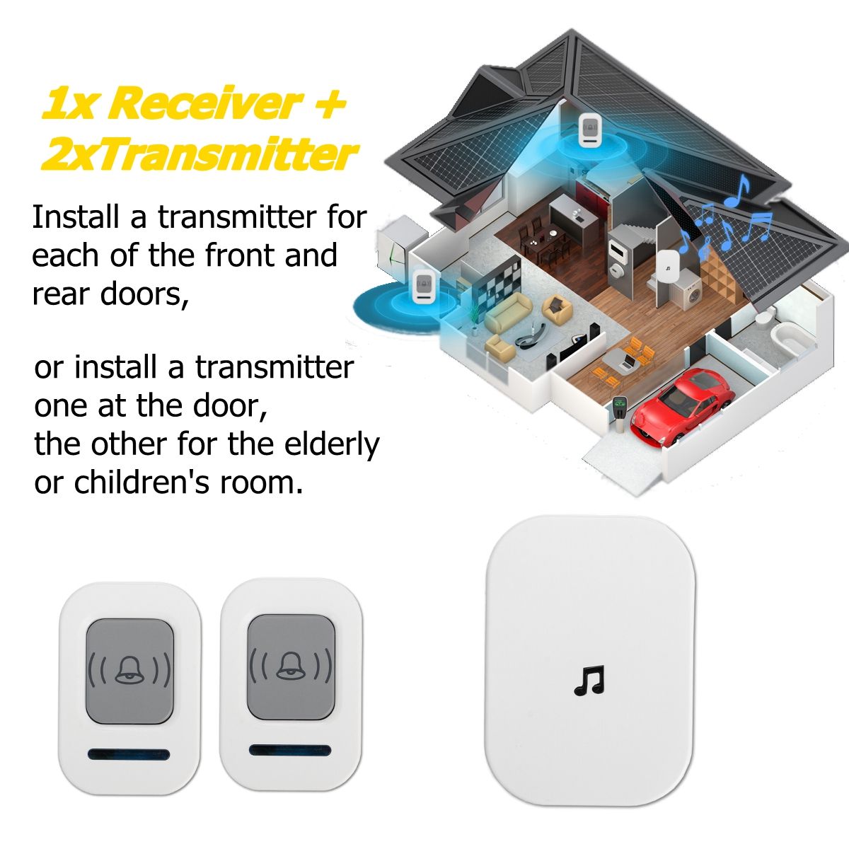 300M-Wireless-Doorbell-60-Song-Chime-5-Volume-Level-Door-Bell-12-Receiver-SOS-1519501