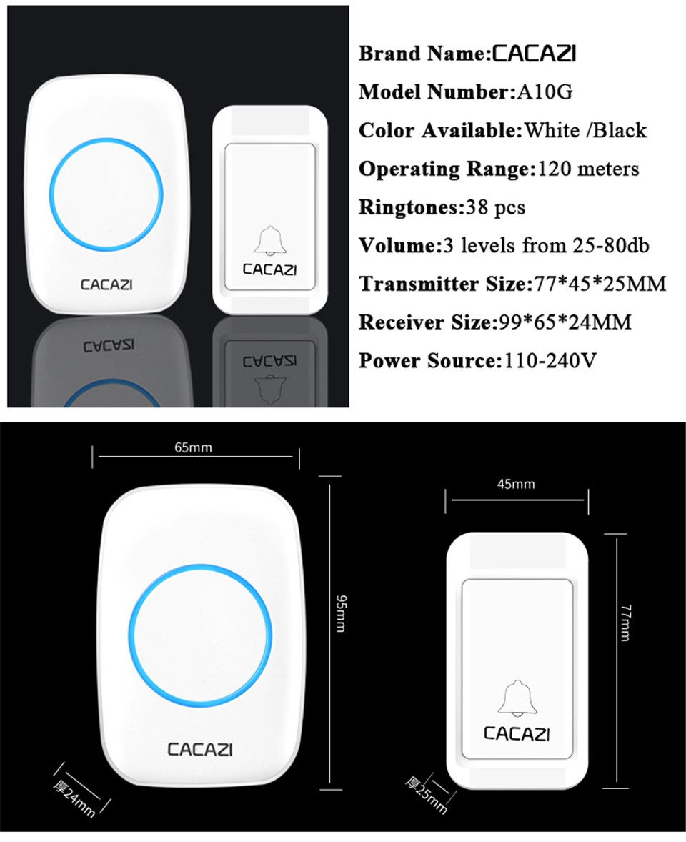 CACAZI-A10G-2-Wireless-Doorbell-Self-powered-No-batteries-Waterproof-Button-120M-Remote-LED-Light-Ho-1630650